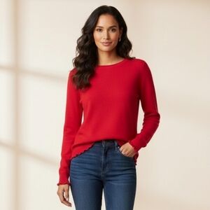Belle France Red 100% Cashmere Ruffle Lettuce Hem Crew Neck Sweater SZ M